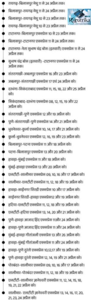 राजपत्रिका : छत्तीसगढ़ से गुजरने वाली 36 ट्रेनें आज से कैंसिल, 24 अप्रैल तक नहीं चलेंगी ये गाड़ियां KSHITITECH