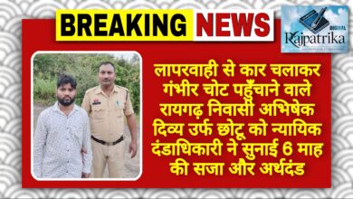 राजपत्रिका : लापरवाही से कार चलाकर गंभीर चोट पहुँचाने वाले रायगढ़ निवासी अभिषेक दिव्य उर्फ छोटू को न्यायिक दंडाधिकारी ने सुनाई 6 माह की सजा और अर्थदंड KSHITITECH