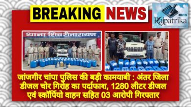 राजपत्रिका : जांजगीर चांपा पुलिस की बड़ी कामयाबी : अंतर जिला डीजल चोर गिरोह का पर्दाफाश, 1280 लीटर डीजल एवं स्कॉर्पियो वाहन सहित 03 आरोपी गिरफ्तार KSHITITECH