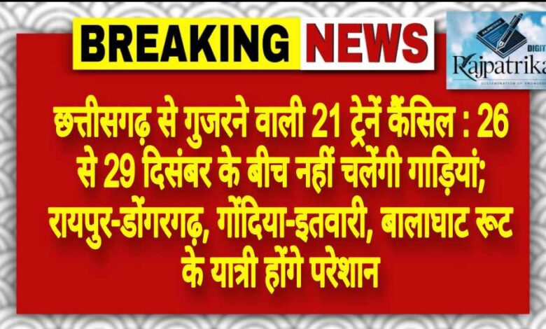 राजपत्रिका : छत्तीसगढ़ से गुजरने वाली 21 ट्रेनें कैंसिल : 26 से 29 दिसंबर के बीच नहीं चलेंगी गाड़ियां; रायपुर-डोंगरगढ़, गोंदिया-इतवारी, बालाघाट रूट के यात्री होंगे परेशान KSHITITECH
