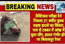 राजपत्रिका : प्रैक्टिकल परीक्षा देने निकला 21 वर्षीय युवक सड़क हादसे का शिकार, गाय से टक्कर में आंख में घुसा सींग, हालत गंभीर होने पर बिलासपुर रेफर KSHITITECH