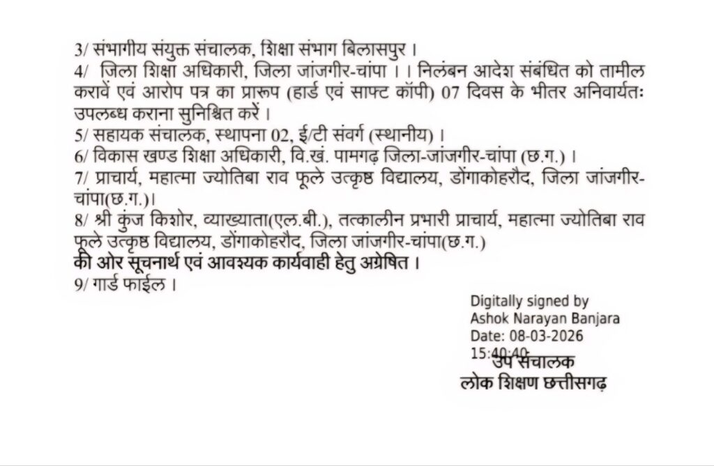 राजपत्रिका : प्रैक्टिकल में नंबर दिलाने के नाम पर पैसे मांगने, छात्रों से काम कराने और देवी-देवताओं पर टिप्पणी के आरोपों के बाद डोंगाकोहरौद स्कूल के प्रभारी प्राचार्य कुंज किशोर निलंबित KSHITITECH